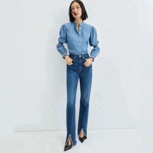 New Veronica Beard Keane Split Hem Straight-Leg Jeans in Bright Blue size 24 B48